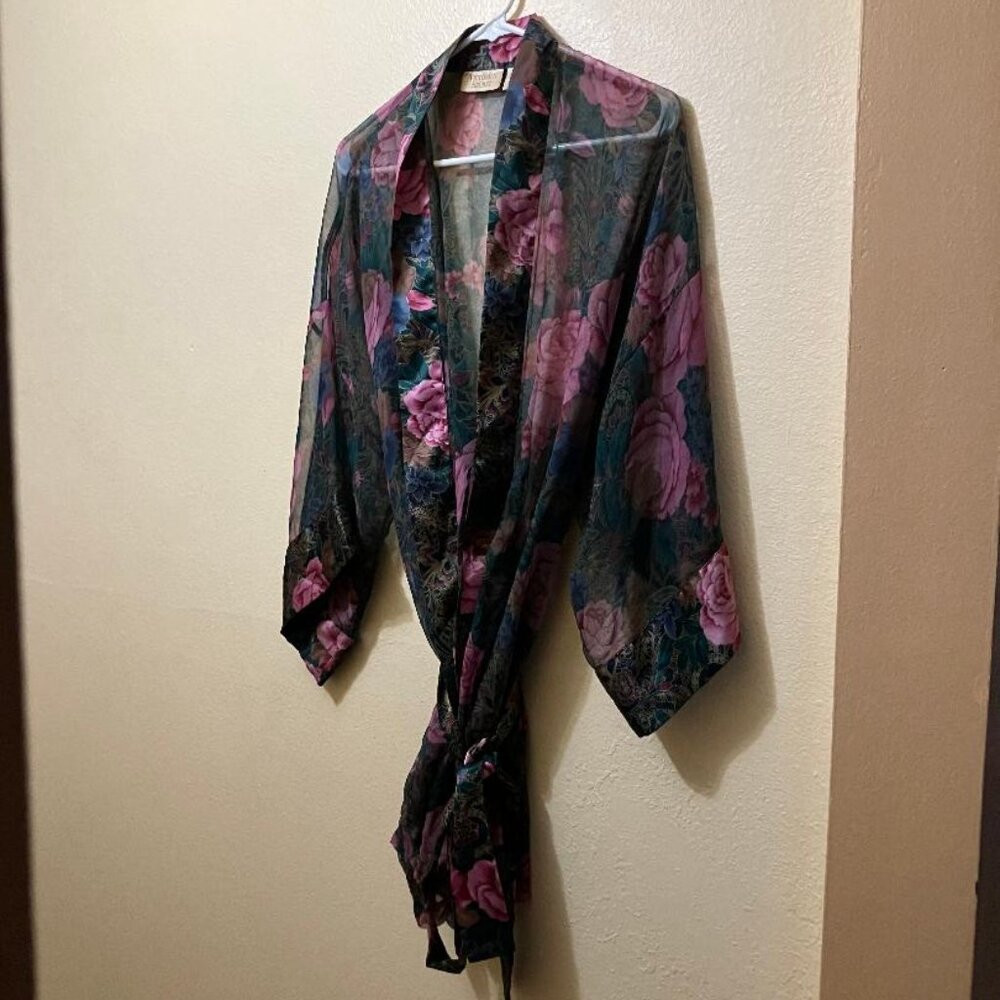 Vintage Victorias Secret Gold Label Rose Pattern Semi-Sheer Kimono Robe One Size